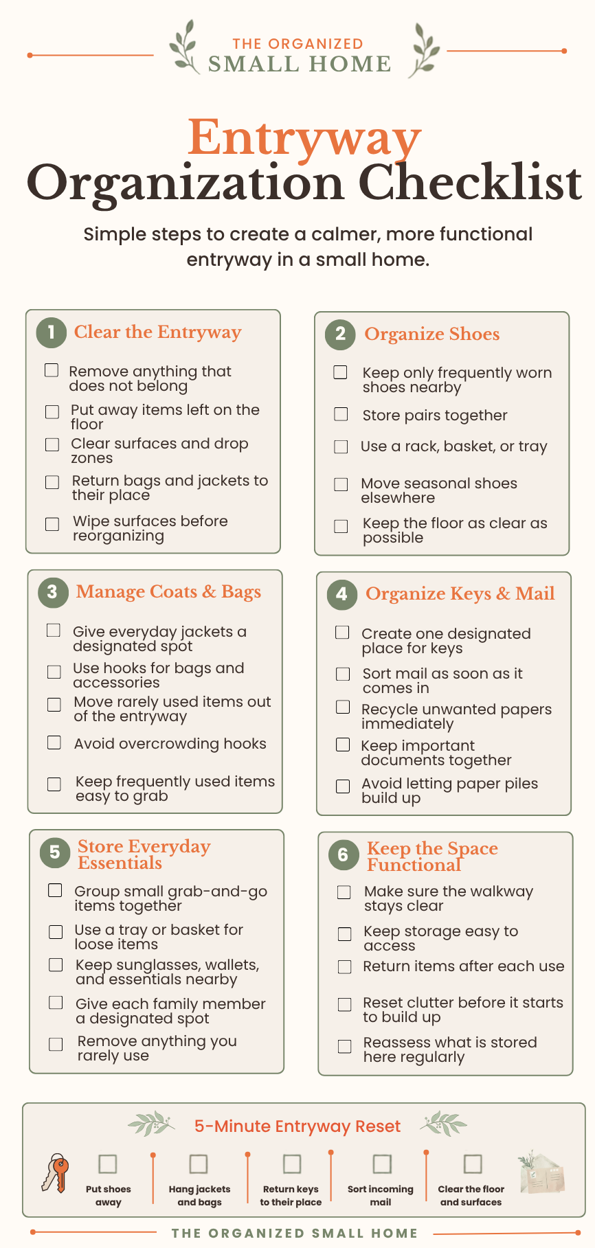 Entryway Organization Checklist with six organization sections and a five-minute entryway reset