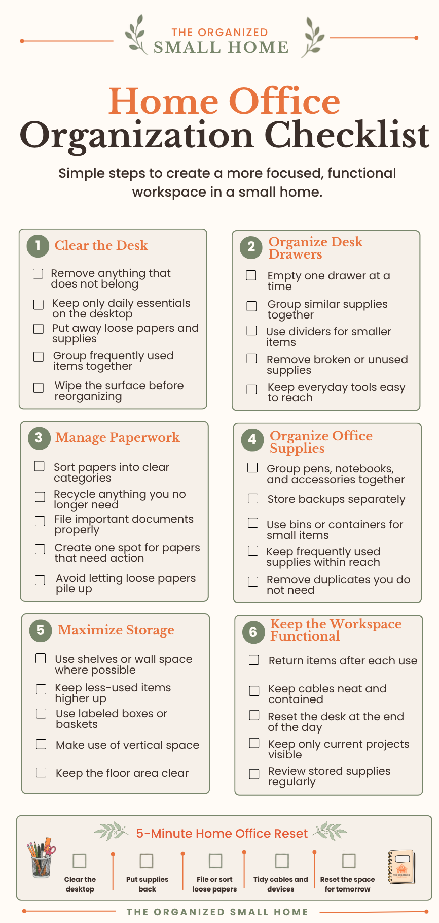 Home Office Organization Checklist with six organization sections and a five-minute home office reset