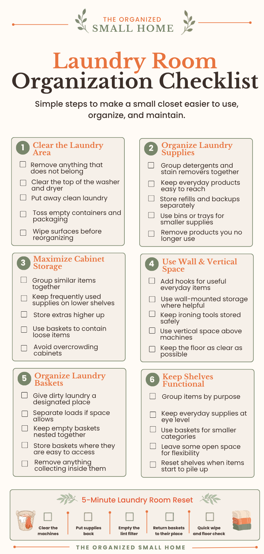 Laundry Room Organization Checklist with six organization sections and a five-minute laundry room reset