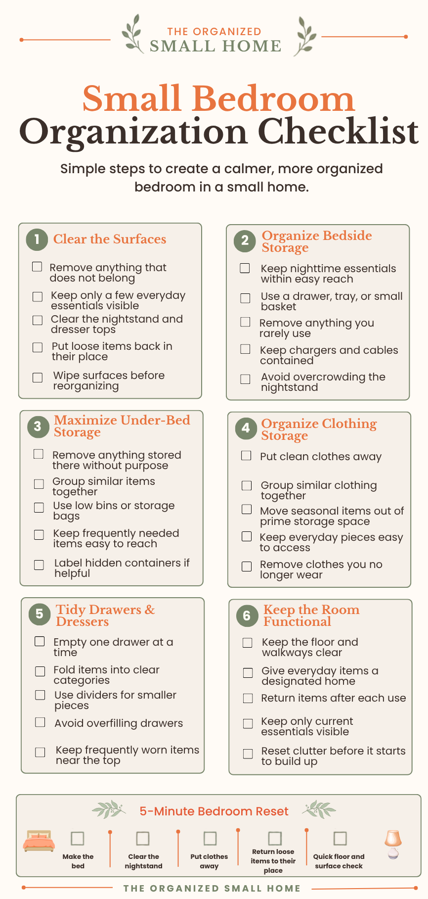 Small Bedroom Organization Checklist with six organization sections and a five-minute bedroom reset