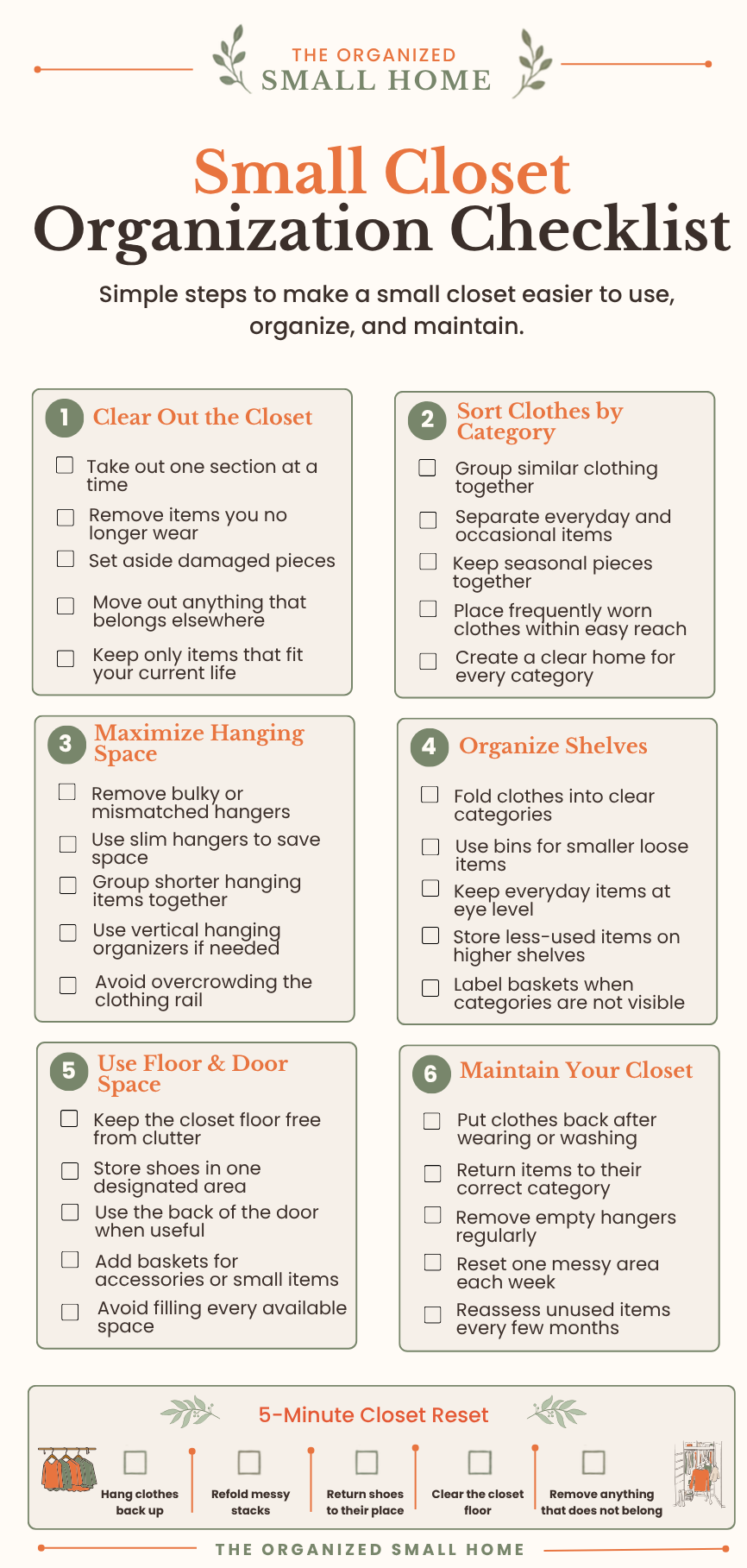 Small Closet Organization Checklist with six organization sections and a five-minute closet reset